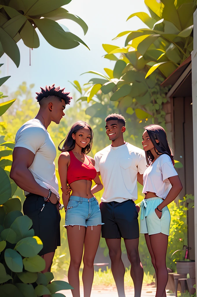 two young women in shorts with two young men wearing shorts, at bbq, outdoor grill, distance shot, happy, talking