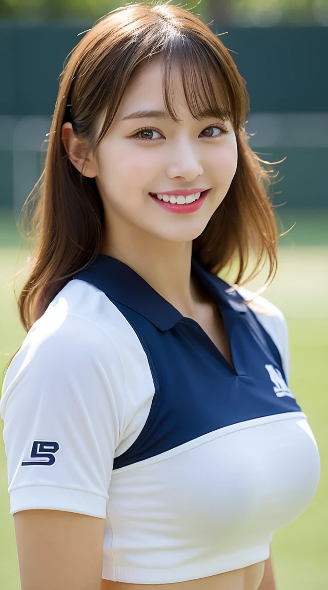 high resolution, Tabletop, Highest quality, Young woman with perfect style, Super detailed, In detail, High resolution, 8k wallpaper, Perfect dynamic composition, Beautiful attention to detail, Medium Hair, (Huge boobs:1.2), Natural color lip, smile, Sports uniforms, See-through clothing with a white base, Tennis court, Tennis Wear, (Toned Abs:1.1), Blurred Background, Big breasts and small waist