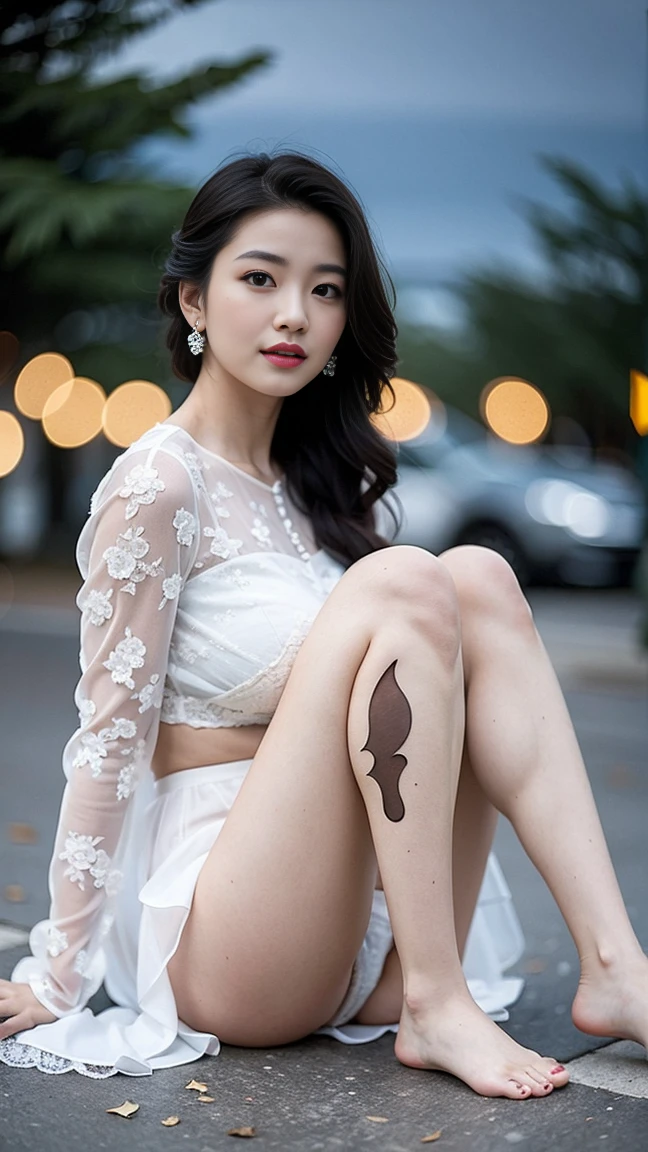 HDR,UHD,8K,Best Quality,Masterpiece,High Detail,Ultra Realism,1 Girl,Full Body,Looking at the Camera,,Sitting on the Ground,Legs Spread,Bow,Jewelry,Lace,White Pantiesair,Straight Hair,Portrait,Mystic Forest,Firefly,Bokeh,Mystery,Night,Sky,Clouds,Lakeside,
