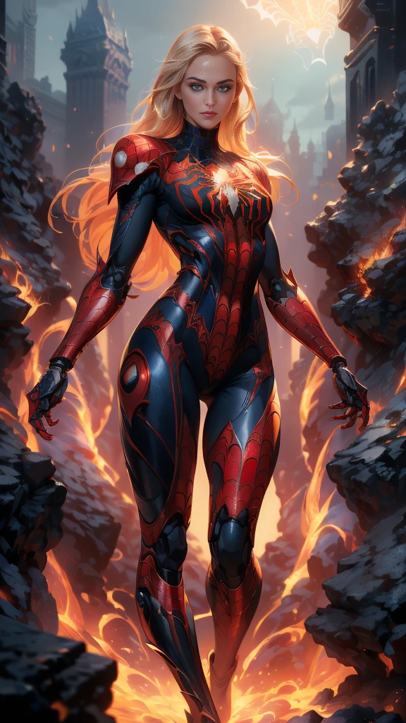 (1girl:1.3), Solo, (((Very detailed face)))), ((Very detailed eyes and face)))), Beautiful detail eyes, Body parts__, Official art, Unified 8k wallpaper, Super detailed, beautiful and beautiful, beautiful,(BodySuit látex Spiderman cyborg transparent :1.4), masterpiece, best quality, original, masterpiece, super fine photo, best quality, super high resolution, realistic realism, sunlight, full body portrait, amazing beauty, dynamic pose, delicate face, vibrant eyes, (from the front),( She wears Spider-Man suit:1.4) , (red and black color scheme:1.4) , spider, very detailed city roof background, rooftop, overlooking the city, detailed face, detailed complex busy background, messy, gorgeous, milky white, highly detailed skin, realistic skin details, visible pores, clear focus, volumetric fog, 8k uhd, DSLR, high quality, film grain, fair skin, photo realism, lomography, futuristic dystopian megalopolis, translucent, Epic Fantasy Art Style HD, 4K fantasy art, epic fantasy digital art style, epic fantasy art style, Fantasy Woman, epic fantasy art portrait, Epic fantasy style, hyperrealistic fantasy art, hd fantasy art, Epic fantasy character art, epic fantasy art, in style of dark fantasy art, epic fantasy digital art, (pose dinámica vaquero), (anatomía perfecta :1.4), (iluminación cinematográfica :1.4), (colores brillantes), (cyborg mecánica spider man white :1.4) 