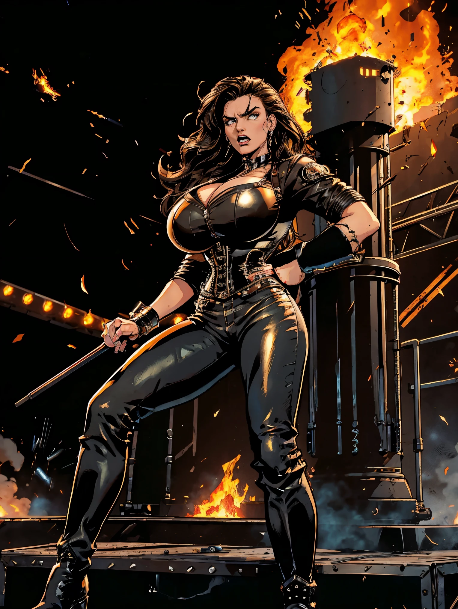 Extremely busty thin and toned brunette death metal singer, college girl, fair skin, big hair, hair pulled back, soft face, athletic, heavy makeup, piercings, black leather, studs, corset, boots, fingerless gloves, tight pants, chains. standing on a stage, pyrotechnics, holding a microphone, metal concert. (microphone, fist in the sky), angry, rage, screaming. Heavy metal. Death metal. Explosions, fire.