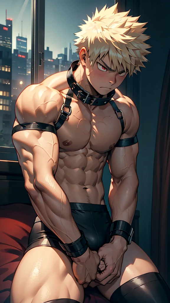 (masterpiece, Best Quality), Katsuki Bakugo, The whole body of a age boy, teen face,Body tilt,delicate big eyes,Open your eyes,red eyes,well-muscled,with an intricate,nakeness,(backbone:1.2),the night,vivd colour,(depth of fields:1.2),Raised sexy, restrained arm,bed room, youthful, imminent sex, black thong, Femboy leather thigh high socks, shirtless, blushing, angry, intimate lighting, night, quiet cityscape in window, leather black spiked collar, slave cuffs, slave collar, waiting impatiently, slutty, dramatic lighting, dark light, big legs, big bulge