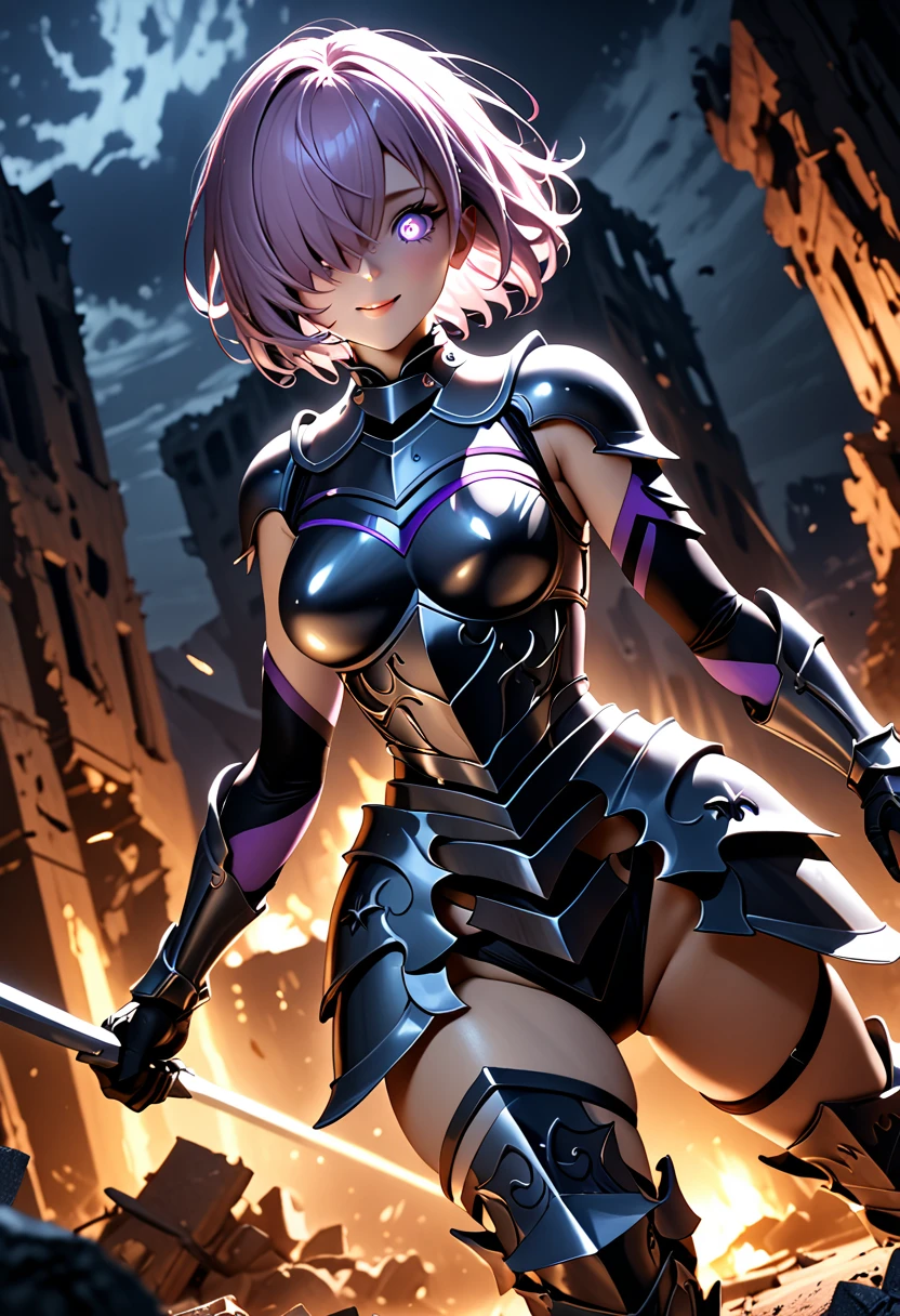 (masterpiece, top quality, best quality, beautiful and aesthetic:1.2), full body, SFW, extremely detailed, detailed face and eyes, cinematic light, depth of field, 1girl, seducing smile, solo, official, (full armored knight:1.4), dark armor, mash kyrielight, light purple hair, short hair, hair over one eye, slim body, cinematic lighting, dramatic lighting, dramatic atmosphere, hyper-realistic, high resolution, stunning contrast, high quality, best quality, 8k, 4k, intricately detailed, (amazing details:1.2), highly detailed skin, powerful presence, vibrant colors, (detailed eyes:1.2), striking eyes, (detailed background), (warzone on background, night, ruins), (dynamic angle:1.2), (dynamic pose:1.2)