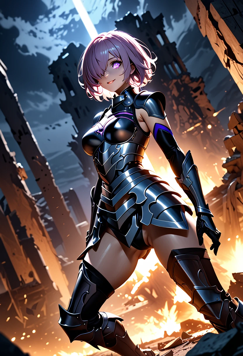 (masterpiece, top quality, best quality, beautiful and aesthetic:1.2), full body, SFW, extremely detailed, detailed face and eyes, cinematic light, depth of field, 1girl, seducing smile, solo, official, (full armored knight:1.4), dark armor, mash kyrielight, light purple hair, short hair, hair over one eye, slim body, cinematic lighting, dramatic lighting, dramatic atmosphere, hyper-realistic, high resolution, stunning contrast, high quality, best quality, 8k, 4k, intricately detailed, (amazing details:1.2), highly detailed skin, powerful presence, vibrant colors, (detailed eyes:1.2), striking eyes, (detailed background), (warzone on background, night, ruins), (dynamic angle:1.2), (dynamic pose:1.2)