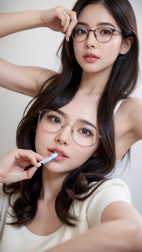(realistic, high resolution:1.3), 1 girl with the perfect body, Very detailed face and eyes, Eyeglasses, Brush your teeth, hair curler , wake up