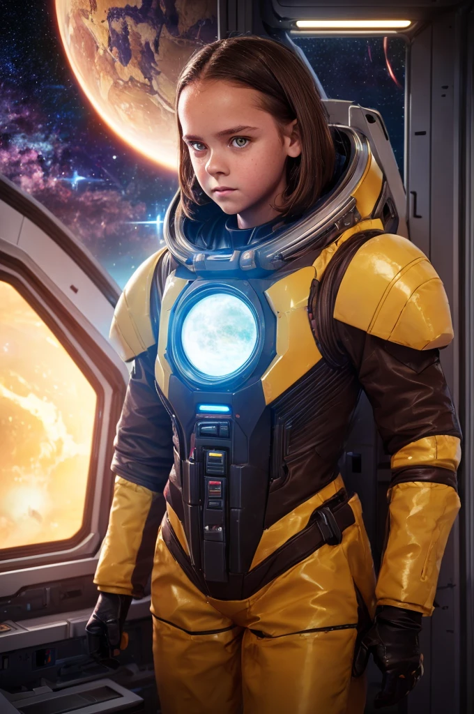 (***********, ************, Brown hair, photorealistic, pale skin), (yellow (eyes:1.2)), (slim build:1.3), (fantasy space suit), beautiful face, symmetrical face, greg rutkowski, Wlop and Sam Kuvshinov, (wide), blonde eyelashes, large iris, large pupil, whole body, standing at the bottom of the cosmodrome, art station, 8k, Science fiction, pastel colours, accessories, panel, concept, futuristic, grumble, simon stalenhag, space, in outer space, a spaceship in the sky, technological blocks