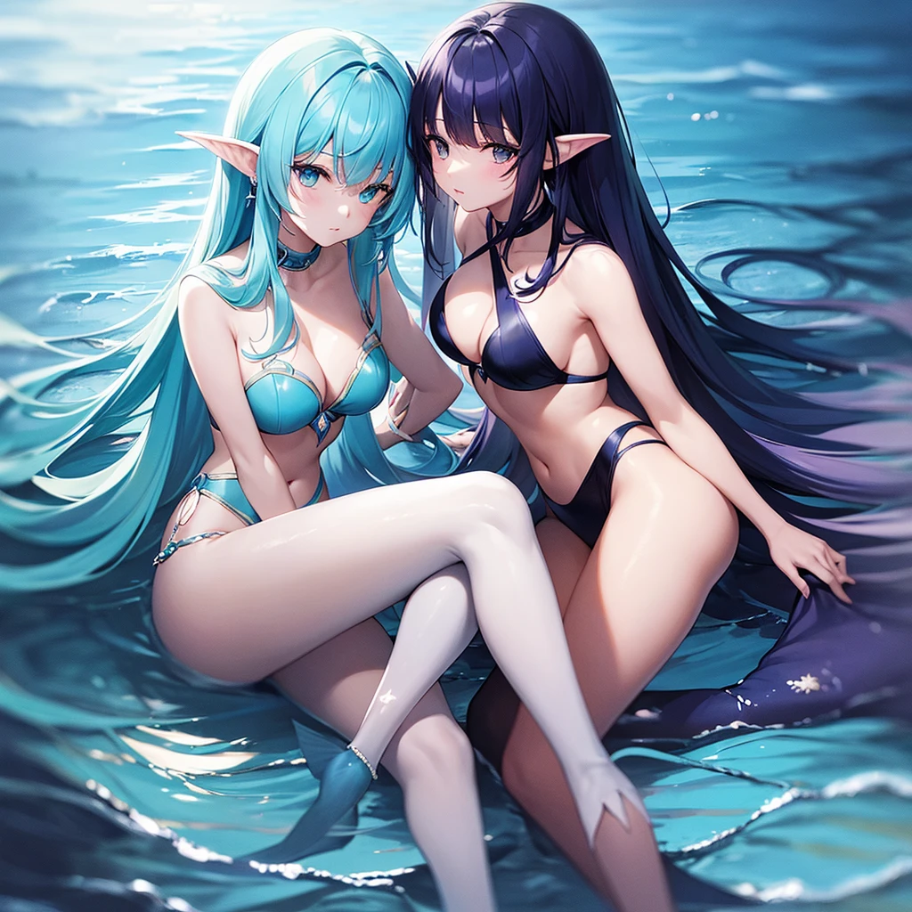 Two more dark blue and light blue hair mermaids sat in the deep ocean A mermaid 