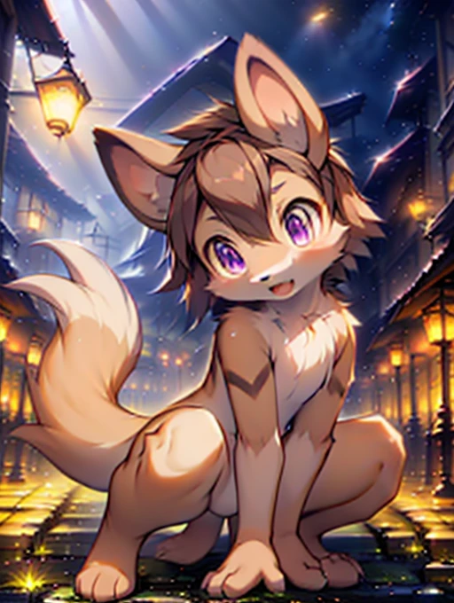 Civet cat, **********, cute, (alone), (((Has brown and white fur))), Big purple eyes, Blushing, smile, Open your mouth, walking, night, Ancient Asian cities, bright street lights, Blue and black slate road, Empty Streets, Starry Sky, Shadow, Detailed facial depiction, ((Accurate hand drawing)), レンブラントの光とShadow, Ultra-fine，high resolution，Completely naked，Naked，Naked，Full nudity，Nude，Barely，Fully visible，Spread your legs and point your crotch，Embarrassing，Embarrassed look，On all fours，Put your hands and feet on the ground，Sit like a dog，quadruped，Accurate hand and foot count，shame，A furry in heat，first round，Fantasy，Anime-style depiction，Male furry，