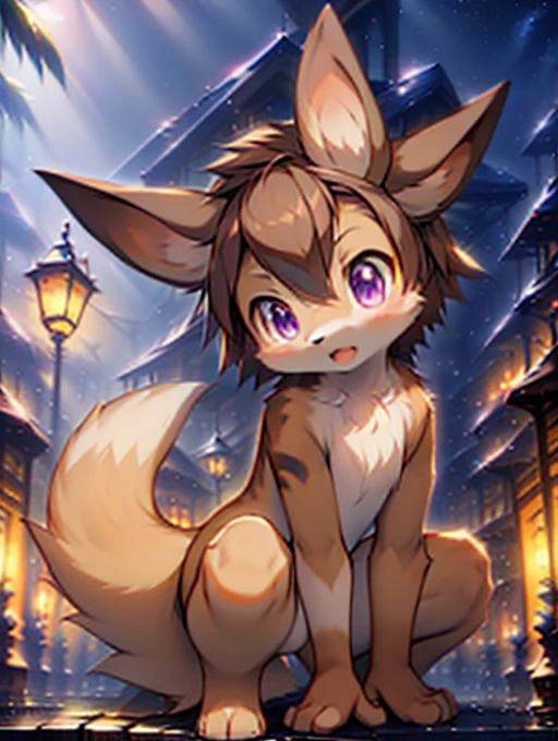 Civet cat, **********, cute, (alone), (((Has brown and white fur))), Big purple eyes, Blushing, smile, Open your mouth, walking, night, Ancient Asian cities, bright street lights, Blue and black slate road, Empty Streets, Starry Sky, Shadow, Detailed facial depiction, ((Accurate hand drawing)), レンブラントの光とShadow, Ultra-fine，high resolution，Completely naked，Naked，Naked，Full nudity，Nude，Barely，Fully visible，Spread your legs and point your crotch，Embarrassing，Embarrassed look，On all fours，Put your hands and feet on the ground，Sit like a dog，quadruped，Accurate hand and foot count，shame，A furry in heat，first round，Fantasy，Anime-style depiction，Male furry，