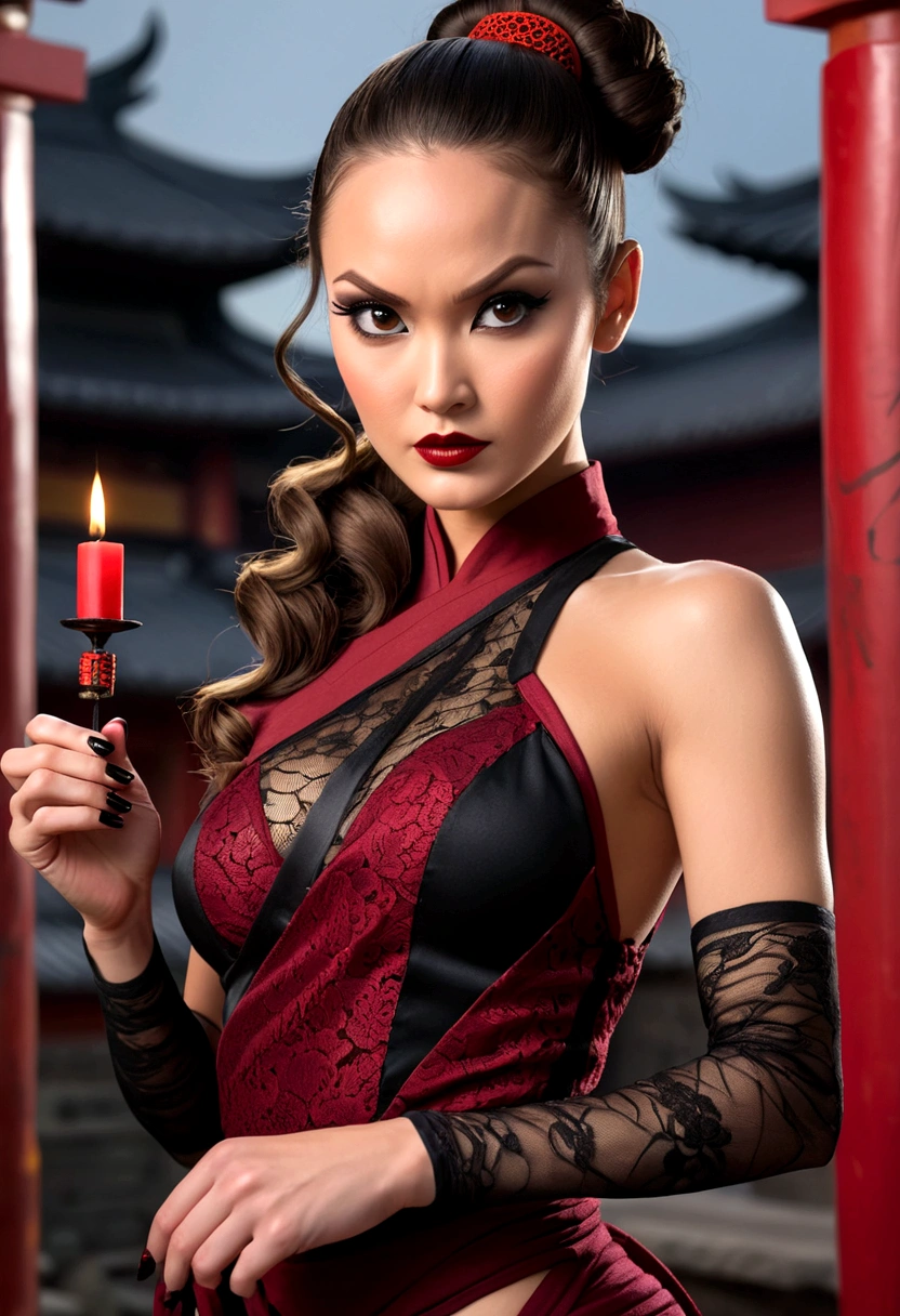Tori Black asian ninja warrior holding sharp hairpins, ringlets wavy five feet long black hair, updo hairstyle with ponytail on one side and long hairpins holding the bun, dark red glossy lips, heavy black eye shadow long black eyeliner, long sharp nails, black lace beautiful and creative sleeveless ninja warrior bodysuit, huge cleavage, forehead lace ornament, posing in a Shaolin temple interior, happy expression, dark ambience night time candle lights. No faces on her chest!