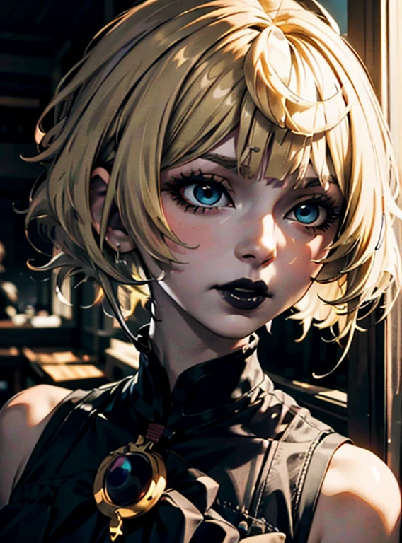 a close up of a woman with a black dress and black lipstick, blonde hime cut hair, with short hair, 1 7 - year - old anime goth girl, short pigtails hair, white hime cut hairstyle, sui ishida with blonde hair, with short hair with bangs, short blonde hair with bangs, short blonde hair, japanese gothic, blonde short hai