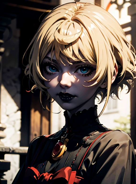 a close up of a woman with a black dress and black lipstick, blonde hime cut hair, with short hair, 1 7 - year - old anime goth girl, short pigtails hair, white hime cut hairstyle, sui ishida with blonde hair, with short hair with bangs, short blonde hair with bangs, short blonde hair, japanese gothic, blonde short hai