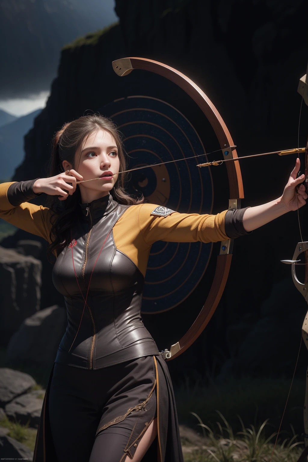 ((1 girl, extremely detailed archer, detailed archery pose: 1.5)), complex bow, dramatic movement, striking silhouette, flowing hair, intense focus, muscular physique, realistic skin texture, high quality, 8k, cinematic lighting , dramatic shadows, warm color tones, vibrant colors, fantasy landscape background, lush vegetation, rocky cliff, dramatic sky, dynamic action, stunning composition, masterpiece, photorealistic, hyper detailed