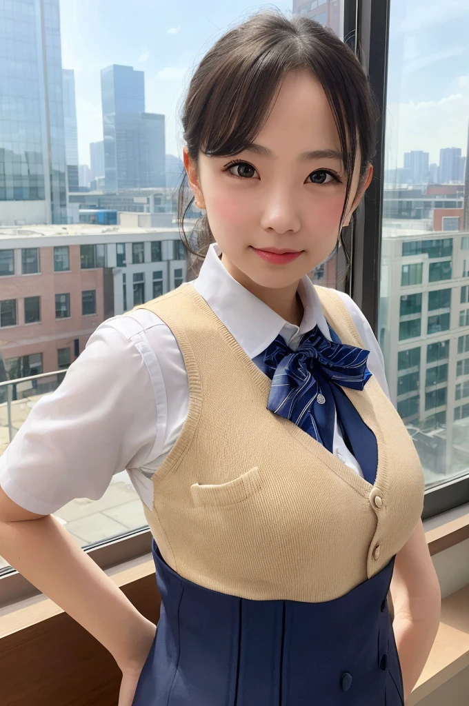 1girl, matured female, vest, bow, photo, realistic, best quality, hires, detailed face, office, buildings from window, detailed background, diffused sunlight, depth of field, bokeh