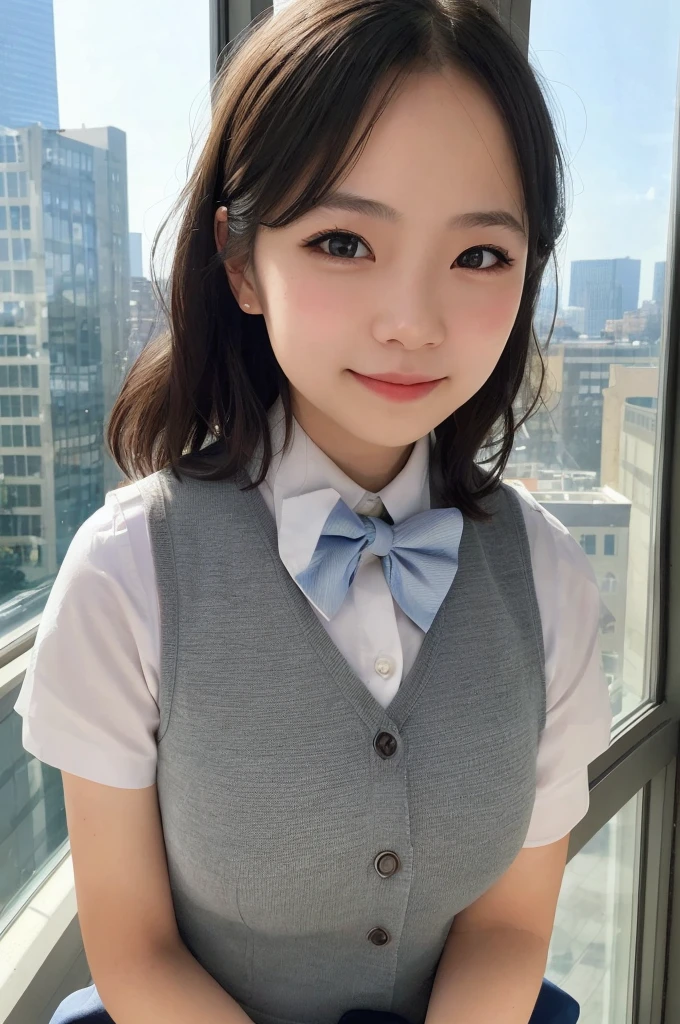 1girl, matured female, vest, bow, photo, realistic, best quality, hires, detailed face, office, buildings from window, detailed background, diffused sunlight, depth of field, bokeh