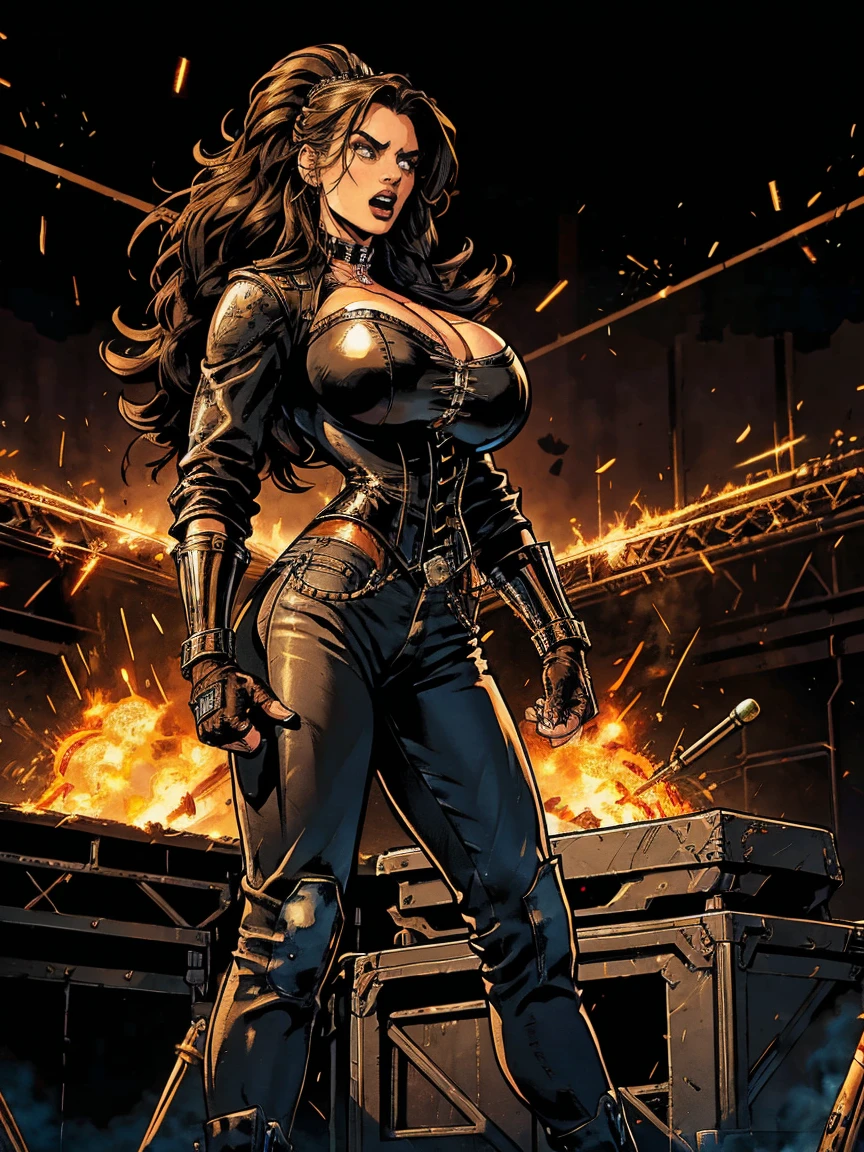 Extremely  thin and toned brunette death metal singer, college girl, fair skin, big hair, hair pulled back, soft face, athletic, heavy makeup, piercings, black leather, studs, corset, boots, fingerless gloves, tight pants, chains. standing on a stage, pyrotechnics, holding a microphone, metal concert. (microphone, fist in the sky), angry, rage, screaming. Heavy metal. Death metal. Explosions, fire.