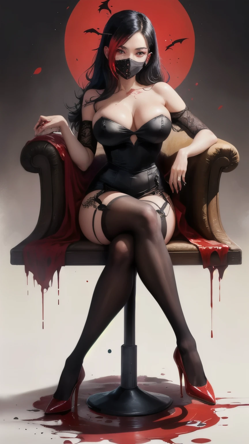 The Last Girl Standing at the End of the World, Vampire Apocalypse, ((black hair, red highlights)), glowing blue eyes, large perfect breasts, high-heels, blood splatter, Model poses, Red and black dress, tights, firmly fixed, (((more blood))), Hot legs, Milk is in focus, sit, crossed Hot legs, white blood splatter background, Hot milk, ((garter)), firmly fixed, lace pattern, blood splatter, wearing a mask, White background with blood, (full body),  Character 1.5,  (black rabbit)