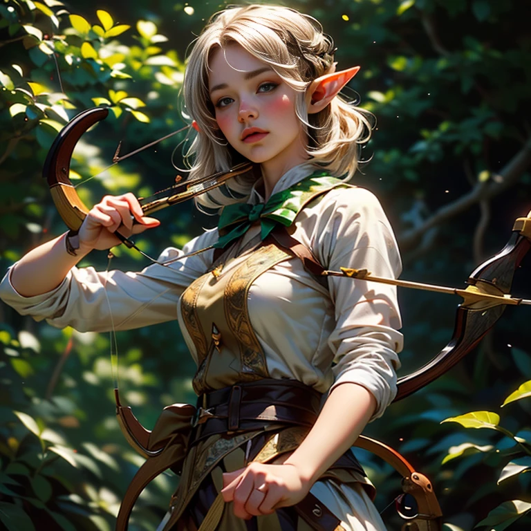 ((Archery Master_Elf Shooting a Bow:1.7))、A beautiful and delicate elf in a revealing outfit、(Elf movement shown with motion blur effect:1.5)、(Highest quality、4K、8K、High resolution、masterpiece:1.2)、Very detailed、(Genuine、Realistic、Realistic:1.37)、Detailed Elf、Fantastic lighting、green々leaf、Magical atmosphere、Dramatic Shadows、Beautiful night forest scenery in vibrant colors