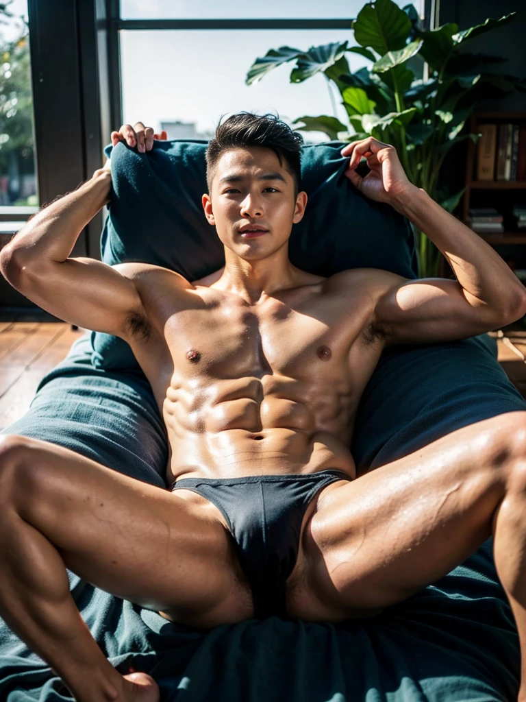 Realistic photography, 8k, smooth skin, handsome young muscular Chinese man, wearing no shirt, wearing only black thong, huge bulge, bedroom, lying down on the bed, lifted arms, spread legs, facing the sun, body lighting
