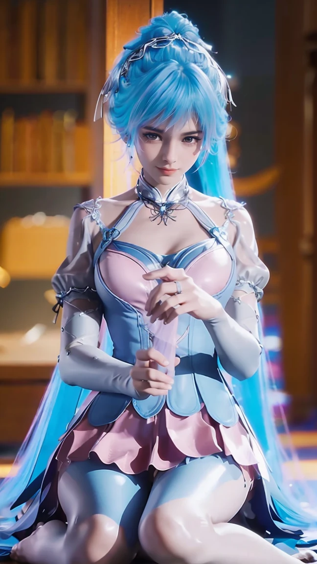 a beautiful young woman with long hair, wearing a nightgown, sitting on a bed, barefoot, in a dress, lying on her side, cross-legged, full body shot, (best quality,4K,8K,highres,masterpiece:1.2),ultra-detailed,(realistic,photorealistic,photo-realistic:1.37),beautiful detailed eyes,beautiful detailed lips,extremely detailed eyes and face,longeyelashes,natural lighting,warm tones,soft focus,portraits,clair obscur,depth of field,Double tail,Colored hair,Pink and Blue Ombre Hair