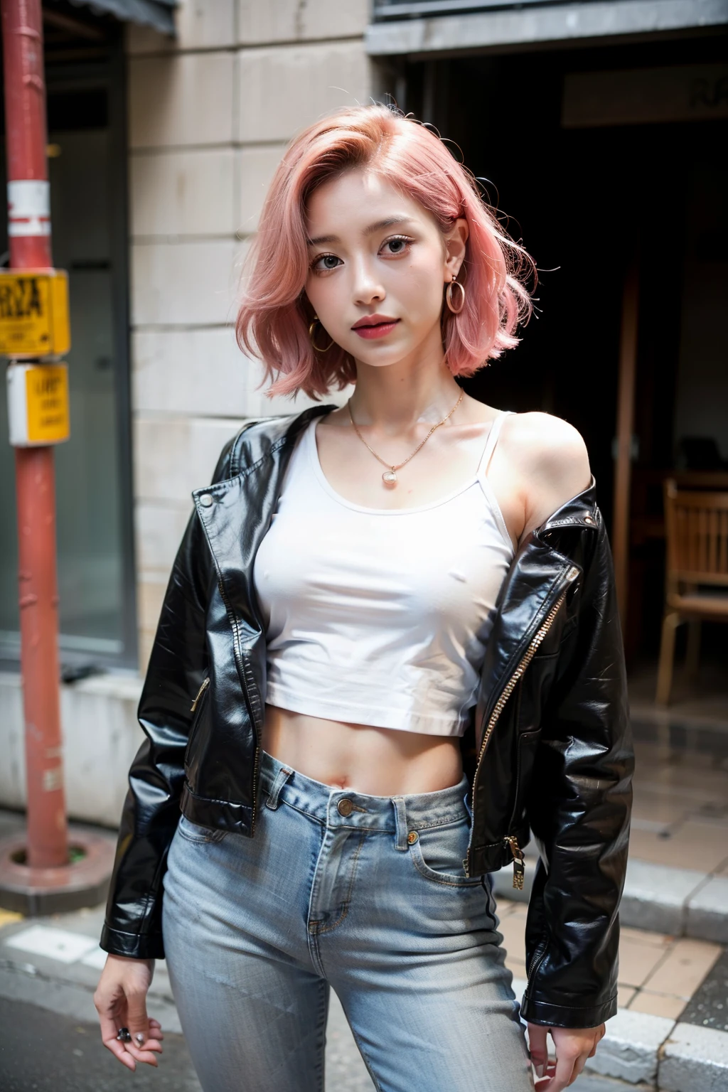 (Surrealism: 1.4), (Contrasting background: 1.5) ((Ultra-fine skin 1.4)) ( NVIDIA RTX RAY TRACING), Golden Ratio,(Advanced face detailing: 1.1) ((Full length body 1.5)) (Masterpiece 1.4)16k resolution, 4K resolution (Pink Hair) "Generates a very realistic portrait of a young woman in her twenties, shoulder length, curly Pink Hair and grey eyes. Her face was wet with raindrops., clothing, neck, and chest. Raindrops are clearly visible. She has a dark mixed-race complexion like Dichen Lachman. She was wearing a modern, Avant-garde clothing,Consists of a brightly colored open-front leather motorcycle jacket, A fitted T-shirt and a pair of high-waisted dark jeans with metal buttons. She has a pearl and bronze necklace with many small charms, Bronze earrings, Copper ring on finger. She has a ring on her lower lip. She had a curious look on her face., With a smile,The head is tilted slightly to the right. Her makeup is fashionable and avant-garde, Eye contour details. Her posture is relaxed, Hold your hands loosely in front of you. The background is a very dense urban alley,In the rain like, There are lots of neon lights juxtaposed with the shrine's traditional lanterns. The lights cast colorful reflections on the wet road. Her face and body were bathed in the soft light of a nearby lantern., Casting soft shadows and warm light on her rain-soaked face. Include subtle details like the texture of her hair and the shimmer of her necklace. The style should be authentic, Great attention to detail and photorealistic rendering."