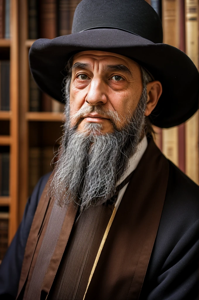 Elderly Hasidic rabbi, long beard, traditional sidelocks, face wrinkles, wearing Kippah (Yarmulka), Background should be a study room full of antique books, soft front light, glow, HDR,