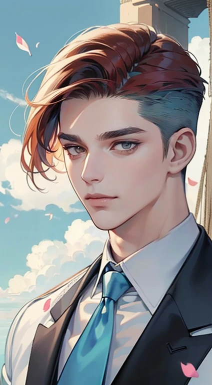 ((masterpiece)),(((best quality))), (detailed light) (detailed shadow), (high quality, breathtaking),(expressive eyes, perfect face), 1man, solo, male, tall, (mature), board shoulder, muscular, (((undercut hairstyle))), short red hair, ((light blue eyes))), happy smiling face, black suit, white tie, oak tree background, flower petal flying, windy, look at viewer,