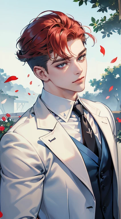 ((masterpiece)),(((best quality))), (detailed light) (detailed shadow), (high quality, breathtaking),(expressive eyes, perfect face), 1man, solo, male, tall, (mature), board shoulder, muscular, (((undercut hairstyle))), short red hair, ((light blue eyes))), happy smiling face, black suit, white tie, oak tree background, flower petal flying, windy, look at viewer,