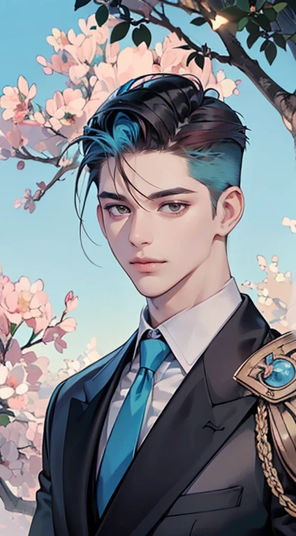 ((masterpiece)),(((best quality))), (detailed light) (detailed shadow), (high quality, breathtaking),(expressive eyes, perfect face), 1man, solo, male, tall, (mature), board shoulder, muscular, (((undercut hairstyle))), short red hair, ((light blue eyes))), happy smiling face, black suit, white tie, oak tree background, flower petal flying, windy, look at viewer,