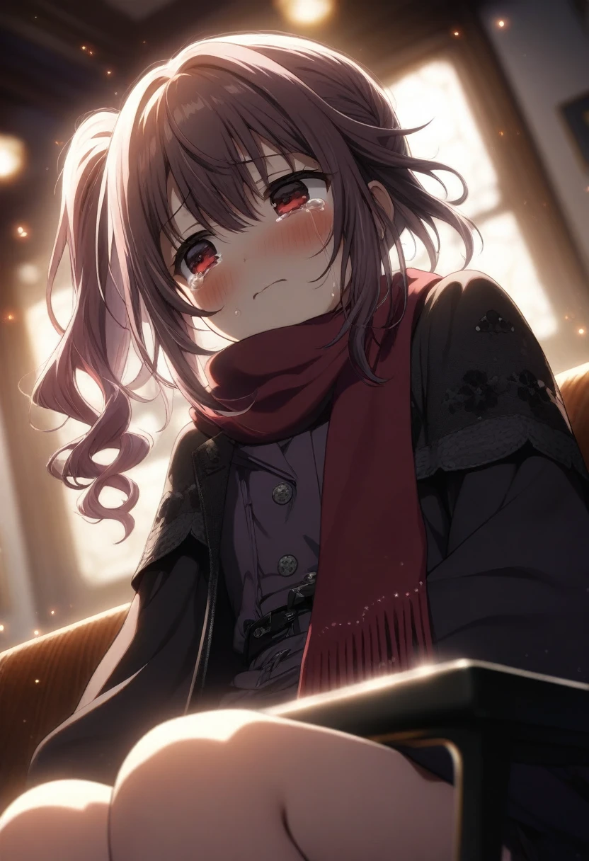 1girl mauve, official art, sitting, crying, tears streaming, black coat, red scarf, black hair, side_ponytail, red eyes, (very aesthetic, best quality, ultra detailed), intricate details, highres, indoors, light particles, close-up, blurry background,, low angle, cinematic angle, cowboy shot, emotional, delicate features