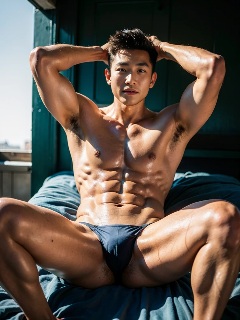 Realistic photography, 8k, smooth skin, handsome young muscular Chinese man, wearing no shirt, wearing only black thong, huge bulge, bedroom, lying down on the bed, lifted arms, spread legs, facing the sun, body lighting
