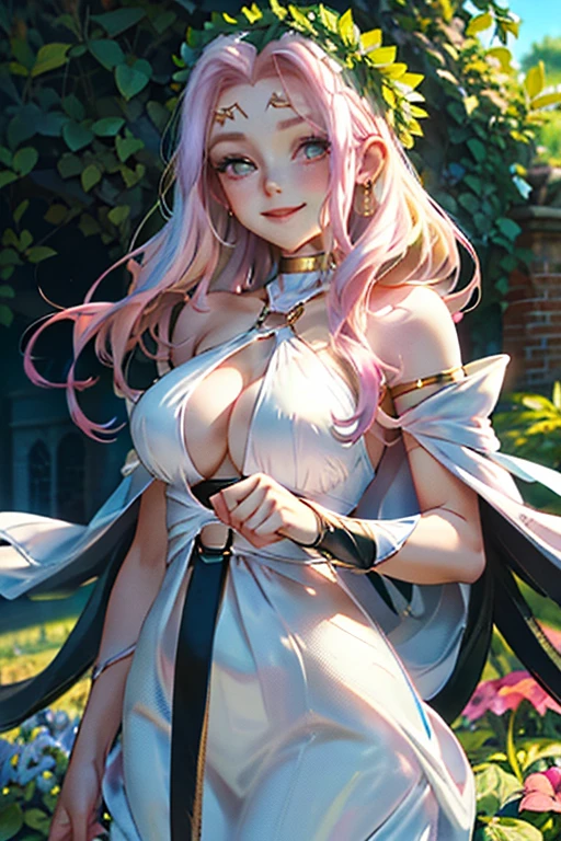 perfect face, perfect hand .A pink haired woman with violet eyes with an hourglass figure in a pretty dress is smiling in a garden