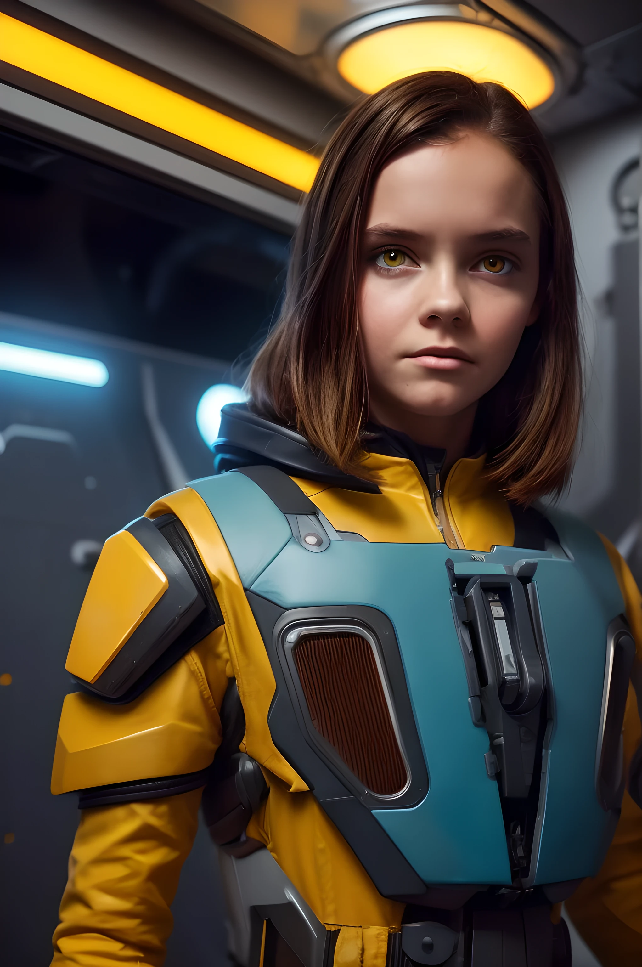 (***********, ************, Brown hair, photorealistic, pale skin), (yellow (eyes:1.2)), (slim build:1.3), (fantasy space suit), beautiful face, symmetrical face, greg rutkowski, Wlop and Sam Kuvshinov, (wide), blonde eyelashes, large iris, large pupil, whole body, standing at the bottom of the cosmodrome, art station, 8k, Science fiction, pastel colours, accessories, panel, concept, futuristic, grumble, simon stalenhag, space, in outer space, a spaceship in the sky, technological blocks