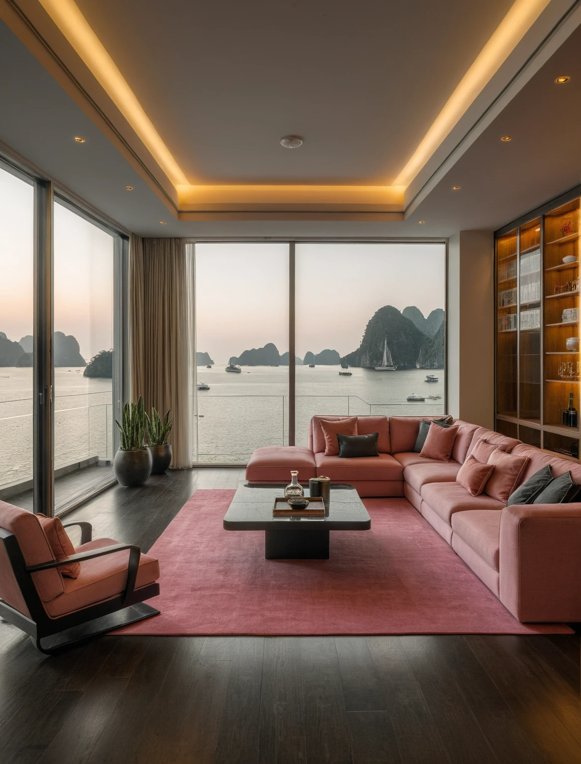 Raw photo,Masterpiece, high quality, best quality, authentic, super detail, interior, livingroom style modern luxury , sunset, evening light, sofa, tea table, carpet, flower vase on tea table, wine bottle, tray, armchair, wine cabinet, books, glass cabinet doors, snake plant pot, downlight, windows overlooking the sunset halong bay, (((black and pink tones))), floor tones black