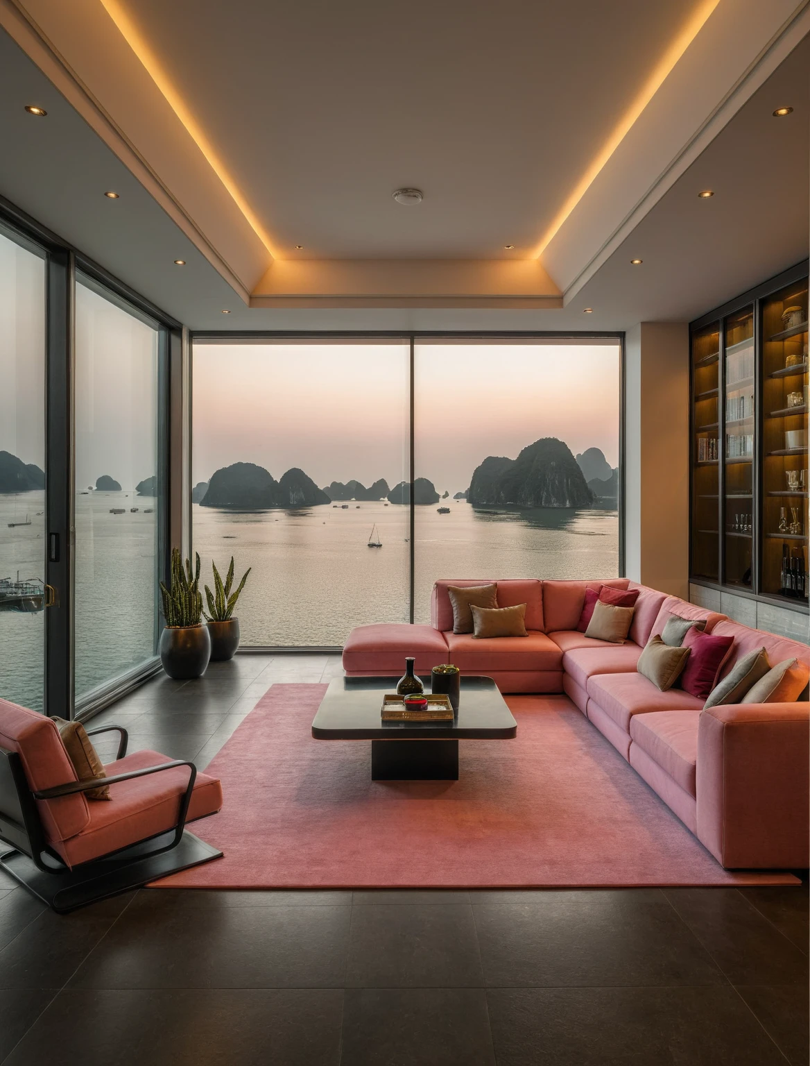 Raw photo,Masterpiece, high quality, best quality, authentic, super detail, interior, livingroom style modern luxury , sunset, evening light, sofa, tea table, carpet, flower vase on tea table, wine bottle, tray, armchair, wine cabinet, books, glass cabinet doors, snake plant pot, downlight, windows overlooking the sunset halong bay, (((black and pink tones))), floor tones black