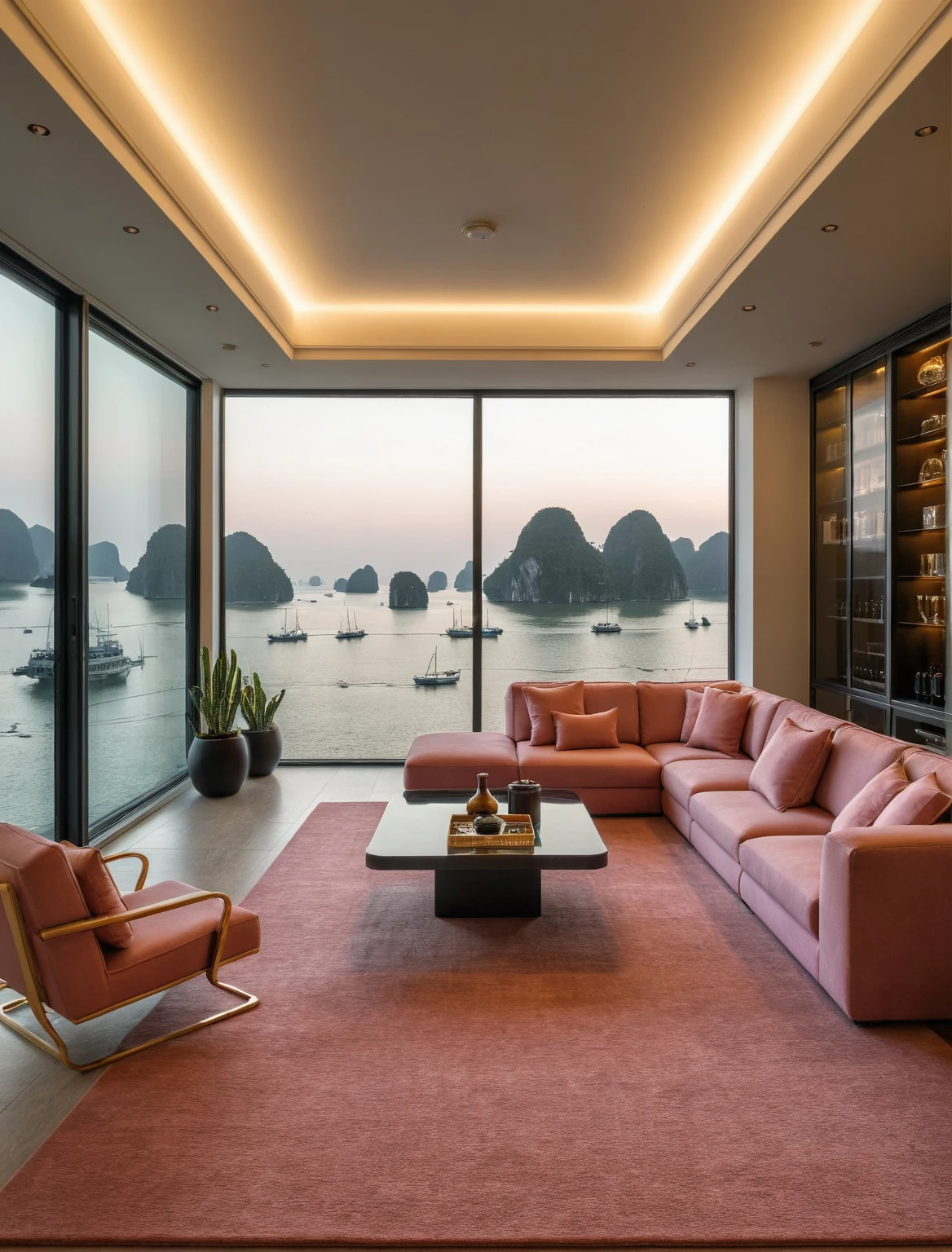 Raw photo,Masterpiece, high quality, best quality, authentic, super detail, interior, livingroom style modern luxury , sunset, evening light, sofa, tea table, carpet, flower vase on tea table, wine bottle, tray, armchair, wine cabinet, books, glass cabinet doors, snake plant pot, downlight, windows overlooking the sunset halong bay, (((black and pink tones))), floor tones black