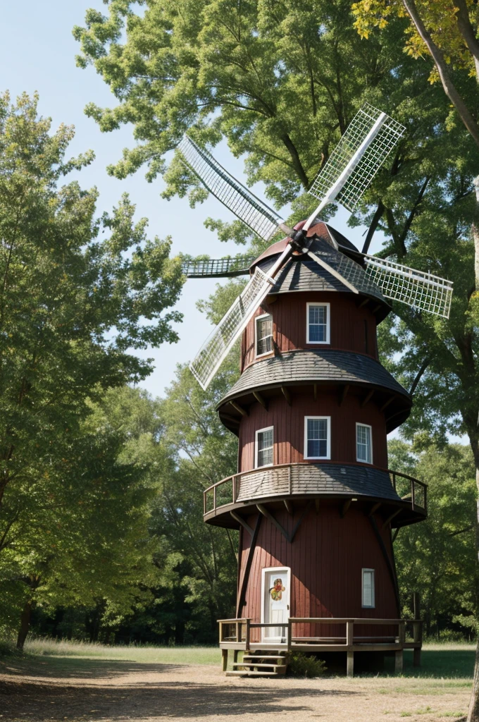 Windmill with scrap metal blades and four beams of branches, of short stature, homemade