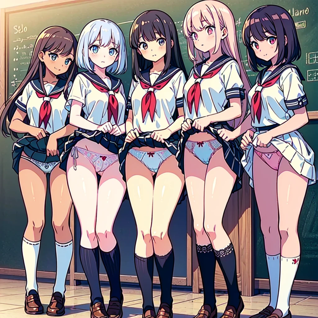 ((masterpiece, highest quality, High resolution, 超High resolution, Perfect Pixel, Depth of written boundary, 4K, RTTX 10.0, High resolution))), (Five adult women:1.3), Beautiful Anime Woman, Beautiful art style, Anime characters, ((Long Hair, bangs, Dark brown hair, Various hairstyles)), ((Beautiful eyelashes)), ((Detailed face, blush:1.2)), ((Smooth texture, Realistic texture, Anime CG Style)), Perfect body, Slender body, Exact finger count、Exact number of legs、Exact number of arms, (blush:1), (The five women are standing side by side, lifting their skirts to greet the crowd.:1.2), ((Fashionable white shirt, Sailor collar, mini skirt, Knee-high socks, loafers: 1.2)), (Lift up your skirt yourself:1.1), Realistic, (Slender body:1.1), highest quality, High resolution, Very detailed face, Perfect lighting, Extremely detailed CG, (Perfect hands, Perfect Anatomy), Embarrassed expression, (School classroom, Blackboard background:1.3), Morning sun-like lighting, whole body, ((Stylish and sexy shiny satin panties, Stylish lace side-tie panties, White panties, Pink Panties, Light blue panties:1.2)), Angle from the front、(Beautiful and thin thighs:1.1),NSFW