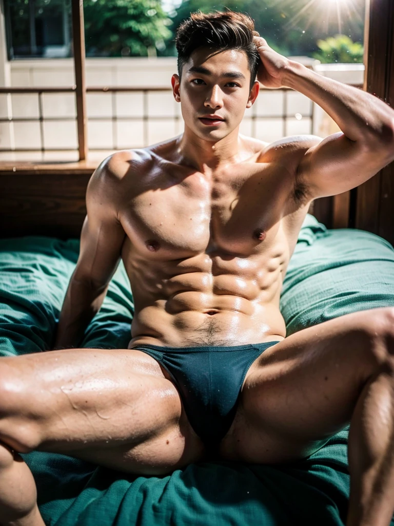 Realistic photography, 8k, smooth skin, handsome young muscular Chinese man, wearing no shirt, wearing only black thong, huge bulge, bedroom, lying down on the bed, lifted arms, spread legs, facing the sun, body lighting
