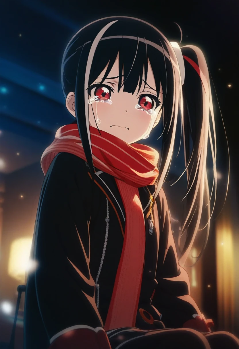 1girl ri-net, official art, sitting, crying, tears streaming, black coat, red scarf, black hair, side_ponytail, red eyes, (very aesthetic, best quality, ultra detailed), intricate details, highres, indoors, light particles, close-up, blurry background,, low angle, cinematic angle, cowboy shot, emotional, delicate features