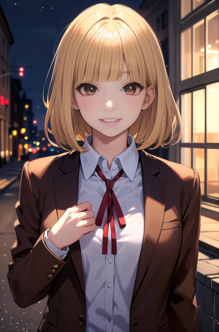 (masterpiece,Highest quality, detailed), One girl, alone, Outdoor, evening, Upper Body, smile,teeth,Squint your eyes, eyelash,
midorikawa hana, Brown jacket, Neck ribbon, Collared shirt, 