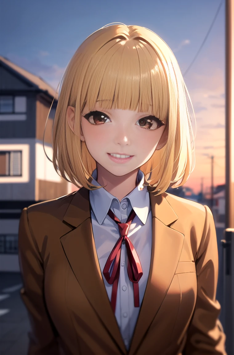 (masterpiece,Highest quality, detailed), One girl, alone, Outdoor, evening, Upper Body, smile,teeth,Squint your eyes, eyelash,
midorikawa hana, Brown jacket, Neck ribbon, Collared shirt, 