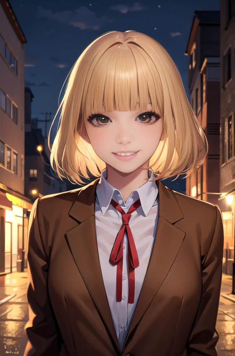 (masterpiece,Highest quality, detailed), One girl, alone, Outdoor, evening, Upper Body, smile,teeth,Squint your eyes, eyelash,
midorikawa hana, Brown jacket, Neck ribbon, Collared shirt, 