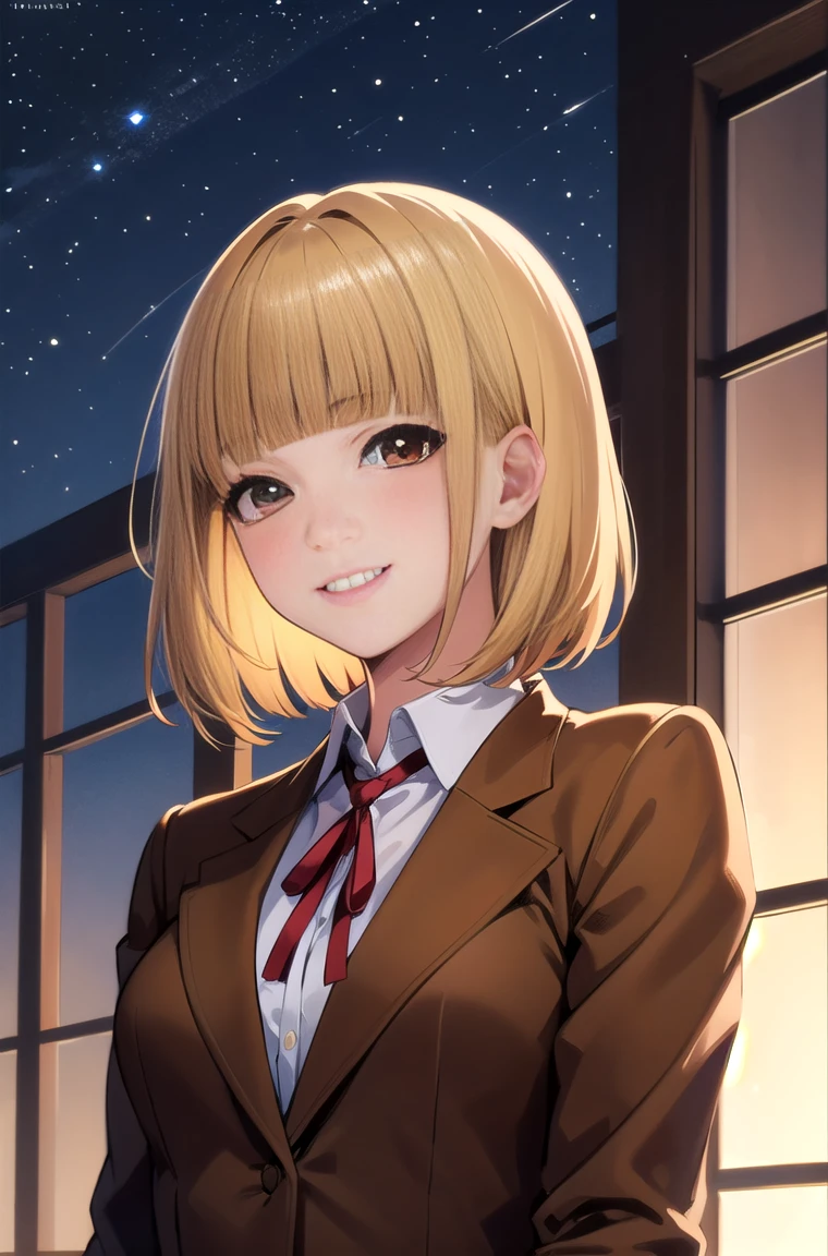 (masterpiece,Highest quality, detailed), One girl, alone, Outdoor, evening, Upper Body, smile,teeth,Squint your eyes, eyelash,
midorikawa hana, Brown jacket, Neck ribbon, Collared shirt, 