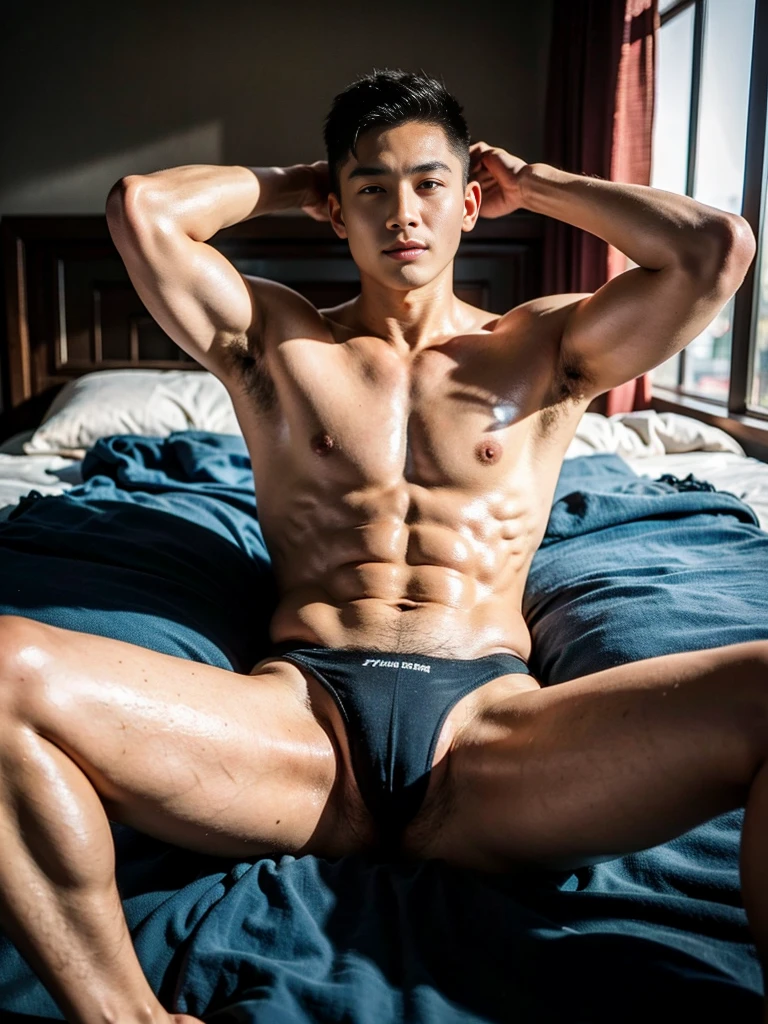 Realistic photography, 8k, smooth skin, handsome young muscular Chinese man, wearing no shirt, wearing only black thong, huge bulge, bedroom, lying down on the bed, lifted arms, spread legs, facing the sun, body lighting