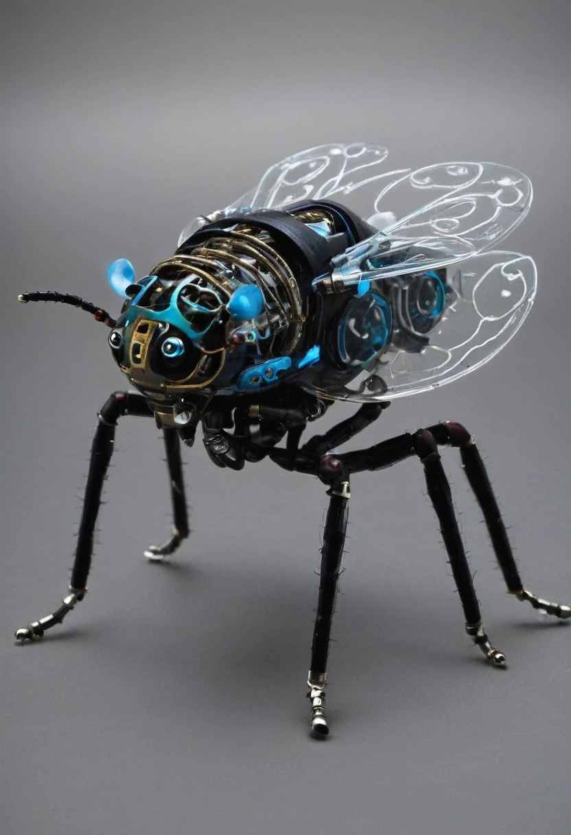 An electronic mechanical insect flying in the dark and showing its circuits and gears through its transparent plastic skin.