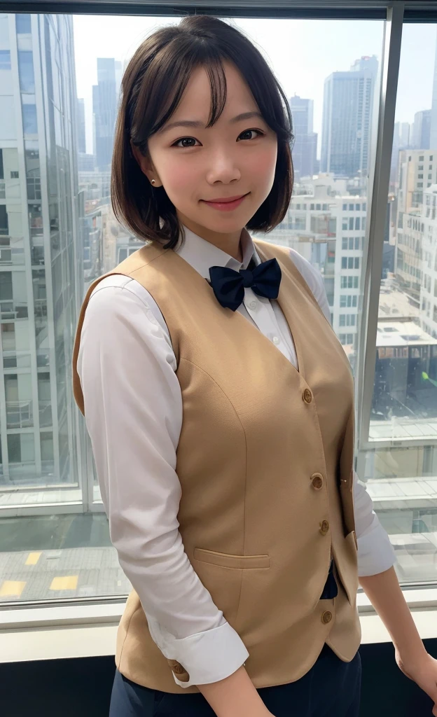 1girl, matured female, vest, bow, photo, realistic, best quality, hires, detailed face, office, buildings from window, detailed background, diffused sunlight, depth of field, bokeh
