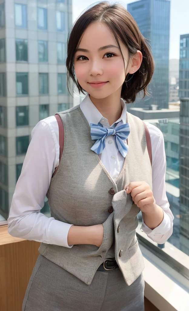 1girl, matured female, vest, bow, photo, realistic, best quality, hires, detailed face, office, buildings from window, detailed background, diffused sunlight, depth of field, bokeh