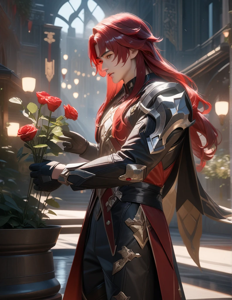 Argenti de Honkai Star Rail, beautiful boy with long red hair wearing clothes inspired by the pisces sign, holding a red rose, standing in a garden with the Honkai Star Rail architecture in the background, cinematic lighting, Very detailed, photorealist, 8k, (Best Quality, 4k, 8k, high resolution, Masterpiece:1.2), ultra detailed, (realist, photorealist, photo-realist:1.37), HDR, UHD, studio lighting, ultrafine paint, sharp focus, physically based rendering, extreme detailed description, professional, vivid colors, bokeh