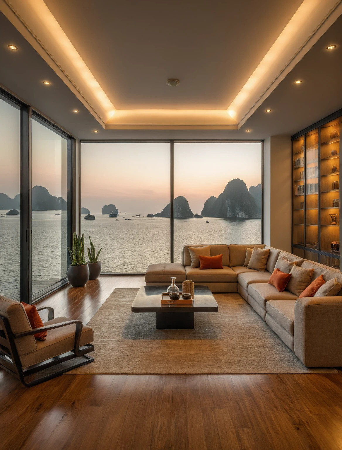 Raw photo,Masterpiece, high quality, best quality, authentic, super detail, interior, livingroom style modern, sunset, evening light, sofa, tea table, carpet, flower vase on tea table, wine bottle, tray, armchair, wine cabinet, books, glass cabinet doors, snake plant pot, downlight, windows overlooking the sunset halong bay, wooden floor,